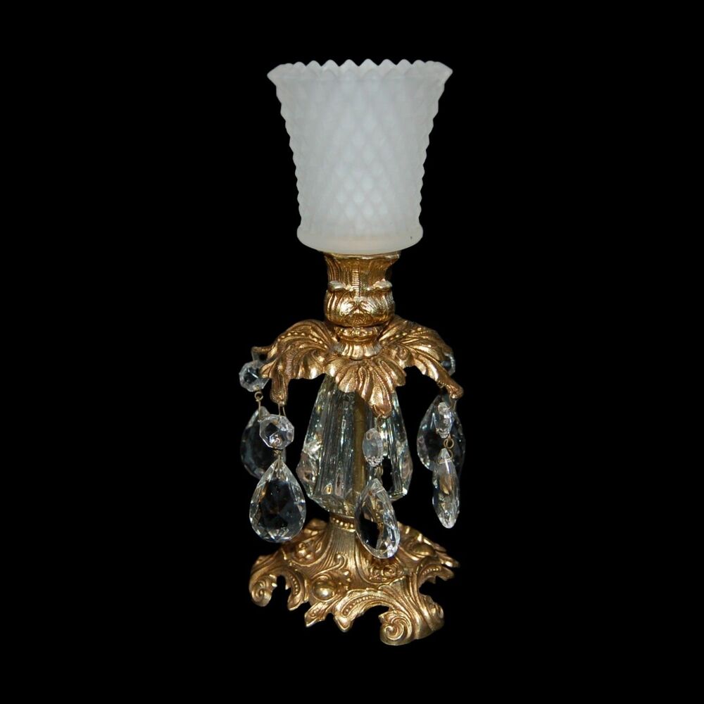 VINTAGE L&L WMC 1973 BRASS HOLLYWOOD REGENCY CANDLEHOLDER CRYSTALS FROSTED GLASS